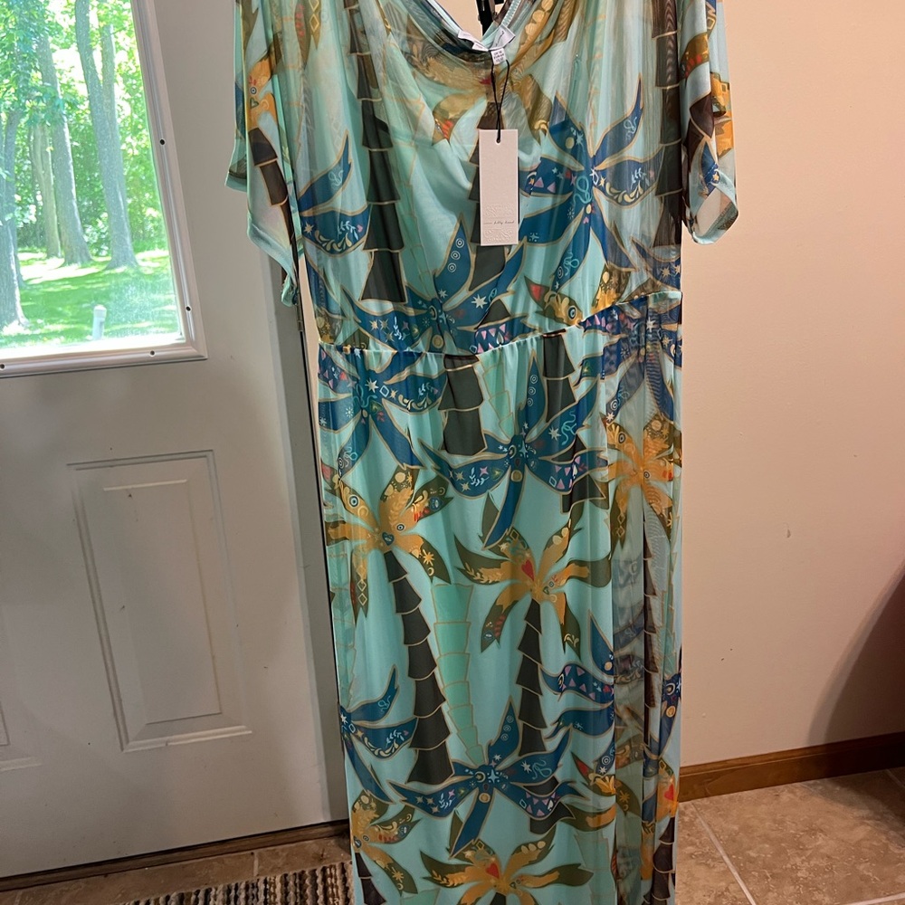 Never Fully Dressed Aqua Tropical Palm-Print Maxi Dress